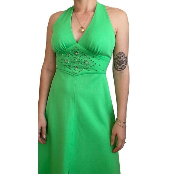Vintage 1970s Womens Retro MidMod Lime Green Halter Prom Dress Evening Gown Sz M - Picture 5 of 10